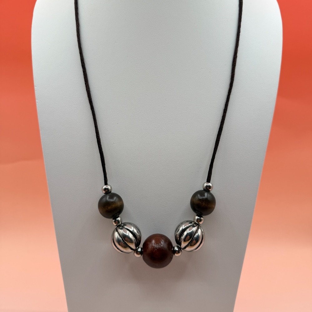 Brown Wood Bead Silver Tone Necklace Chunky Cord Boho Statement Vintage Gift